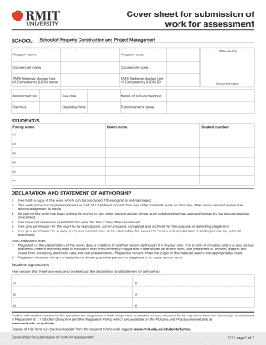 Cover Sheet for Submission of Work for Assessment