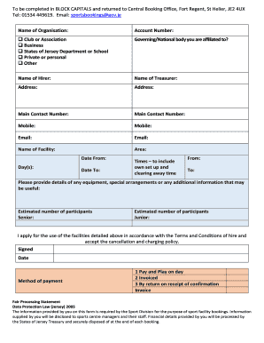 Jersey Sports Facility Booking Form