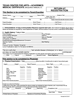 Texas Center for Arts + Academics Medical Certificate