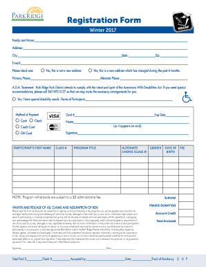 Park Ridge Park District Registration Form