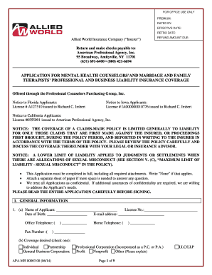 Application for Mental Health Counselors' Professional Liability Insurance
