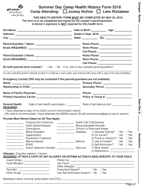 Summer Day Camp Health History Form