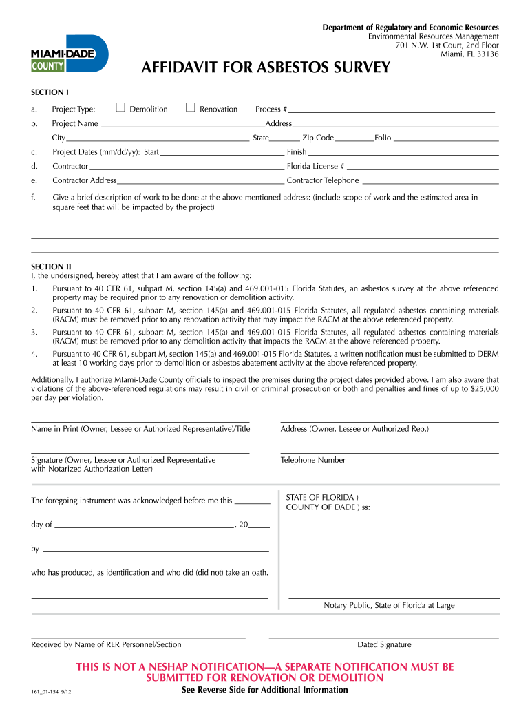 Fillable Online miamidade Affidavit For asbestos Survey - Miami-Dade -  miamidade Fax Email Print - pdfFiller