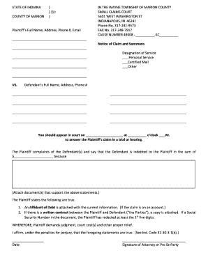 Indiana Small Claims Court Notice of Claim and Summons