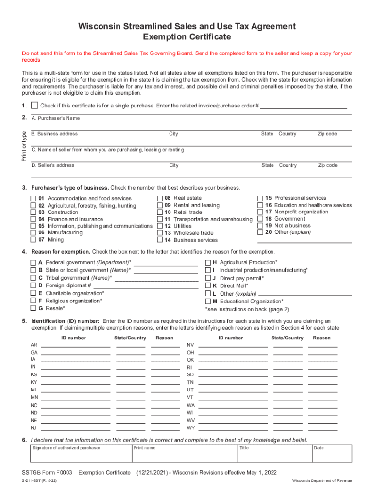 December 2017 S-211-SST Wisconsin Streamlined Sales and Use Tax Agreement Exemption Certificate and  Preview on Page 1