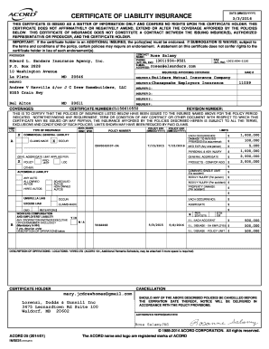 Certificate of Liability Insurance