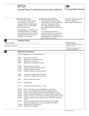 UK RP04 Form - Second Filing of Document