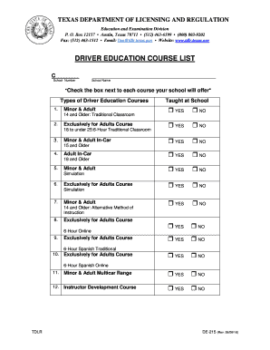 Texas Driver Education Course List Form