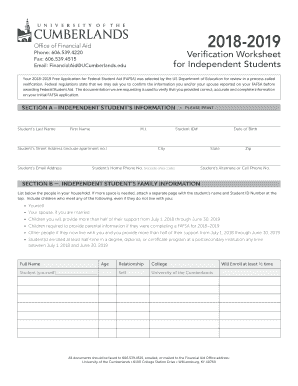 2018-2019 Verification Worksheet for Independent Students
