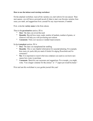 Indoor Seed Starting Worksheet