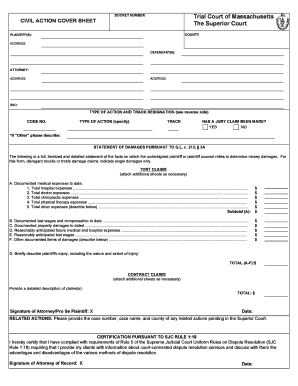 Massachusetts Civil Action Cover Sheet