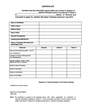 Jawahar Navodaya Vidyalaya Selection Test Certificate