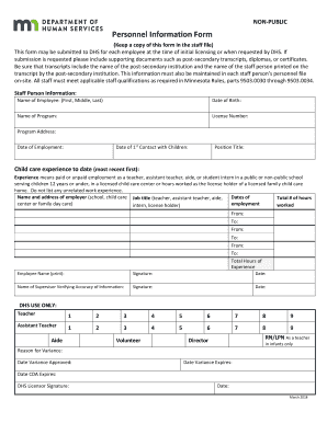 Minnesota Child Care Staff Personnel Information Form