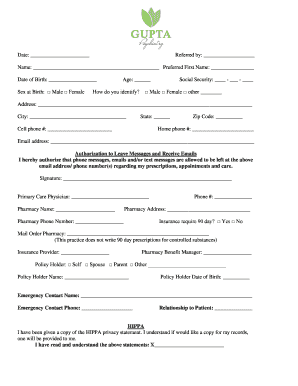 Gupta Psychiatry Patient Intake Form