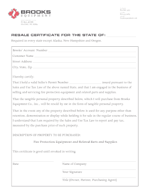 Resale Certificate for Fire Protection Equipment