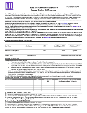 2018-2019 Verification Worksheet Dependent V1/V5