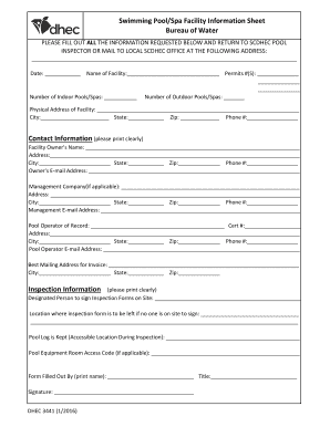 South Carolina Swimming Pool/Spa Facility Information Sheet