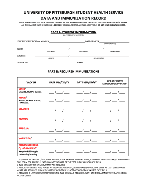 University of Pittsburgh Student Health Immunization Record