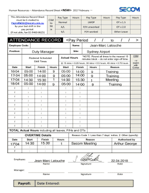 NSW Attendance Record Sheet