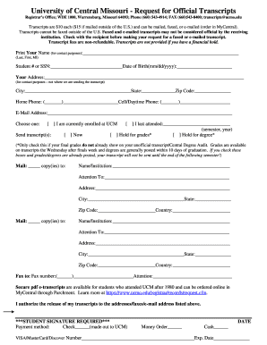 University of Central Missouri Transcript Request Form