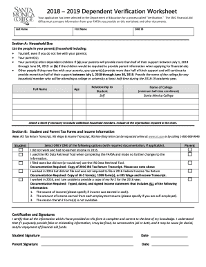 2018-2019 Dependent Verification Worksheet