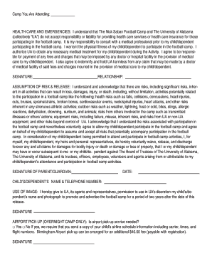 Nick Saban Football Camp Waiver and Medical Authorization