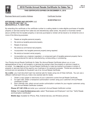 Florida Annual Resale Certificate for Sales Tax