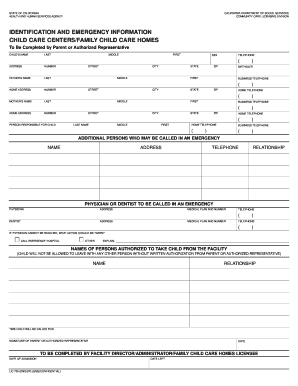 California Child Care Emergency Information Form