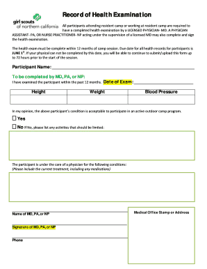 Camp Health Examination Form