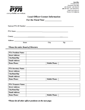 Maryland PTA Local Officer Contact Information Form
