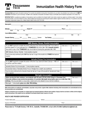 Tennessee Immunization Health History Form