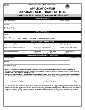 New Mexico Duplicate Certificate of Title Application