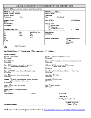 School-Based Health Center Health Visit Report Form