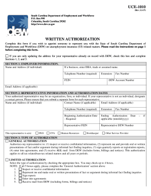 South Carolina Written Authorization Form UCE-1010