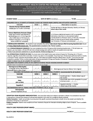 Towson University Health Center Pre-Entrance Immunization Record