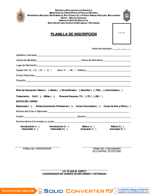 Planilla de Inscripción para Cursos de Diplomado y Extensión