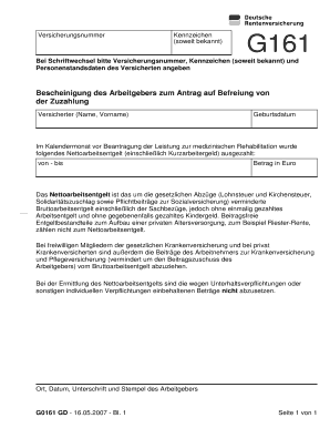 Bescheinigung des Arbeitgebers zum Antrag auf Befreiung von der Zuzahlung