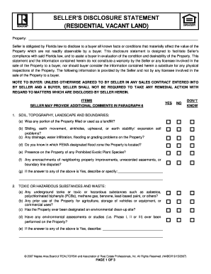 Seller's Disclosure Statement for Residential Vacant Land