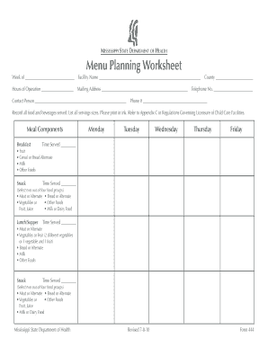 Mississippi Child Care Menu Planning Worksheet