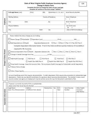 West Virginia Public Employee Insurance Agency Change In Status Form