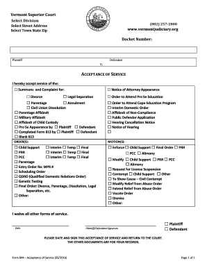 Vermont Acceptance of Service Form