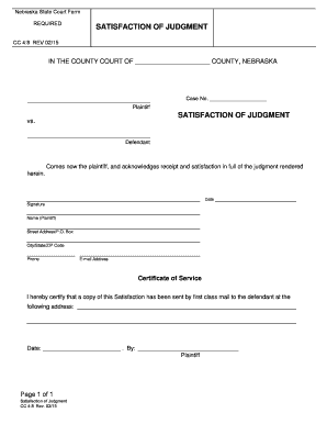 Nebraska Satisfaction of Judgment Form