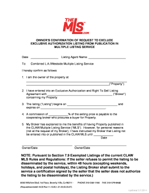 Owner's Exclusion Request for MLS Listing