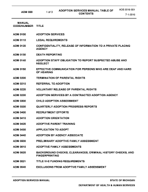 ADOPTION SERVICES MANUAL TABLE OF CONTENTS