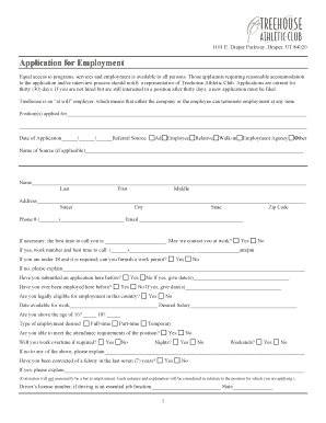 Treehouse Athletic Club Employment Application