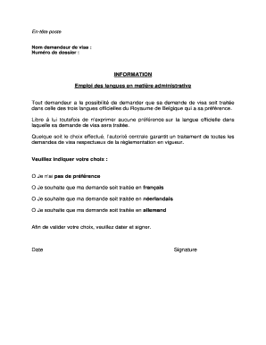 Formulaire de préférence linguistique pour demande de visa en Belgique