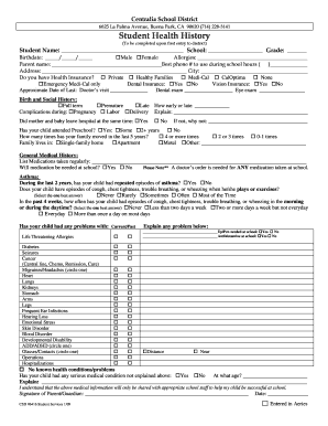 Student Health History Form