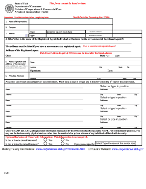 Utah Articles of Incorporation for Profit