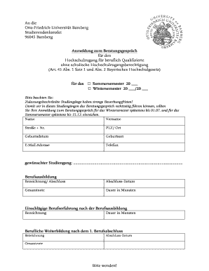 Anmeldung zum Beratungsgespräch für den Hochschulzugang für beruflich Qualifizierte