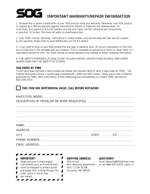 SOG Knife and Tool Warranty Form